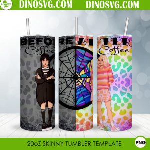 Before And After Coffee 20oz Skinny Tumbler Wrap PNG, Wednesday And Enid Tumbler Sublimation Designs