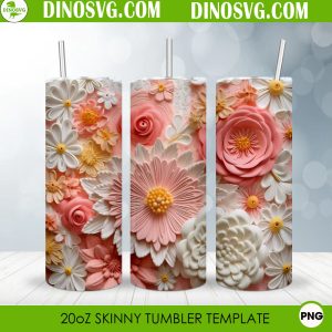 Pink And White 3D Floral 20oz Skinny Straight Tumbler Wrap PNG Sublimation Design