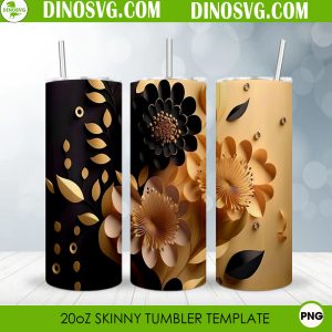 Flowers And Butterflies 3D 20oz Skinny Straight Tumbler Wrap PNG File Black And Yellow Flower 3D 20oz Skinny Straight Tumbler Wrap PNG Sublimation Design