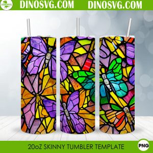 Butterflies Stained Glass 20oz Straight Skinny Tumbler Wrap PNG, Butterfly Color Tumbler Template Sublimation Design