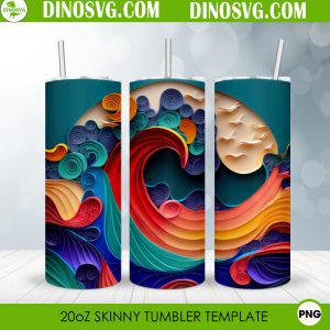 Wave 3D Paper 20oz Straight Skinny Tumbler Wrap PNG, Beach Summer Tumbler Template Sublimation Design
