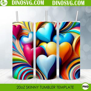 Color Heart 3D 20oz Straight Skinny Tumbler Wrap PNG, Valentine Love Tumbler Template Sublimation Design
