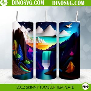 Waterfall Night 3D Paper 20oz Straight Skinny Tumbler Wrap PNG, Nature Tumbler Template Sublimation Design