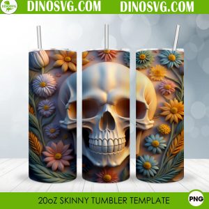 Floral Skull 3D 20oz Straight Skinny Tumbler Wrap PNG, Skeleton Tumbler Template Sublimation Design