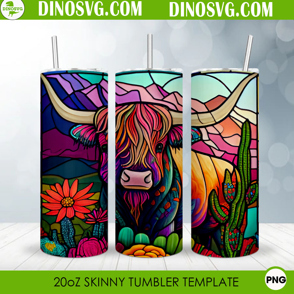 Highland Cow Color Stained Glass 20oz Straight Skinny Tumbler Wrap PNG ...