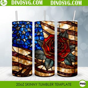 American Flag Rose Stained Glass 20oz Straight Skinny Tumbler Wrap PNG Sublimation Design