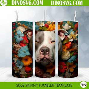 American Pit Bull Terrier Dog Head Floral 3D 20oz Straight Skinny Tumbler Wrap PNG Sublimation Design