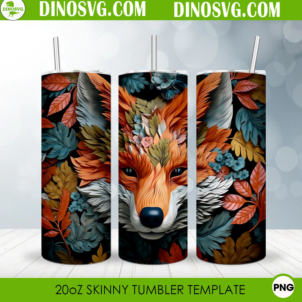 Fox Head Floral 3D 20oz Straight Skinny Tumbler Wrap PNG Sublimation ...