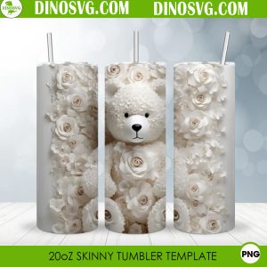 Teddy Bear White Flower 3D 20oz Straight Skinny Tumbler Wrap PNG Sublimation Design