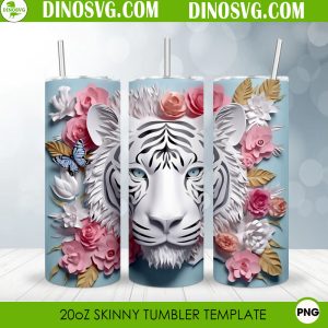 White Tiger Head Floral 3D 20oz Straight Skinny Tumbler Wrap PNG Sublimation Design