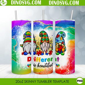 Different Is Beautiful Gnomes Straight Skinny Tumbler Wrap PNG, Autism Awareness Tumbler Sublimation Design