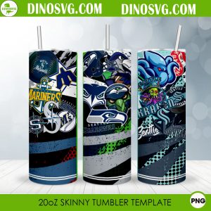 Seattle Sports Teams 20oz Skinny Tumbler Wrap Template PNG, Seahawks Mariners Kraken Tumbler Sublimation Designs